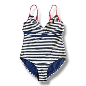 YMI Swimwear Women’s navy/white stripe one piece swimsuit XL red straps VGUC